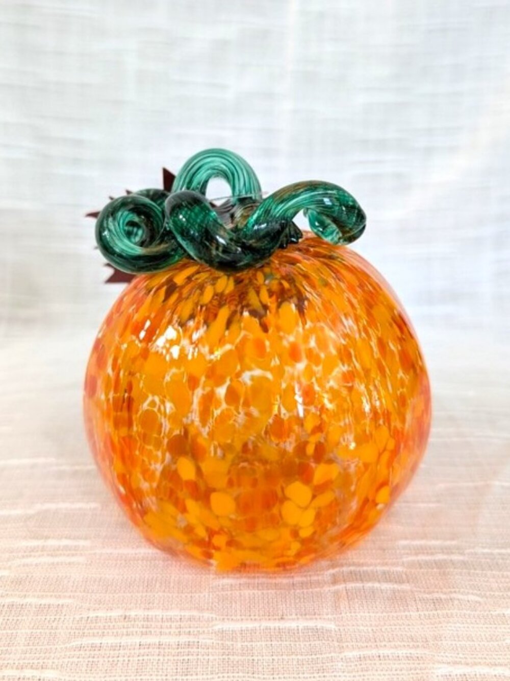 Corning Handblown Glass Pumpkin Sculpture - Orange with Green Stem 4"H x3.5"Dia.